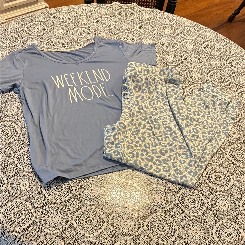 2 Piece Rae Dunn Blue Sleepwear Pajamas S/S Top and Long Pant Bottoms